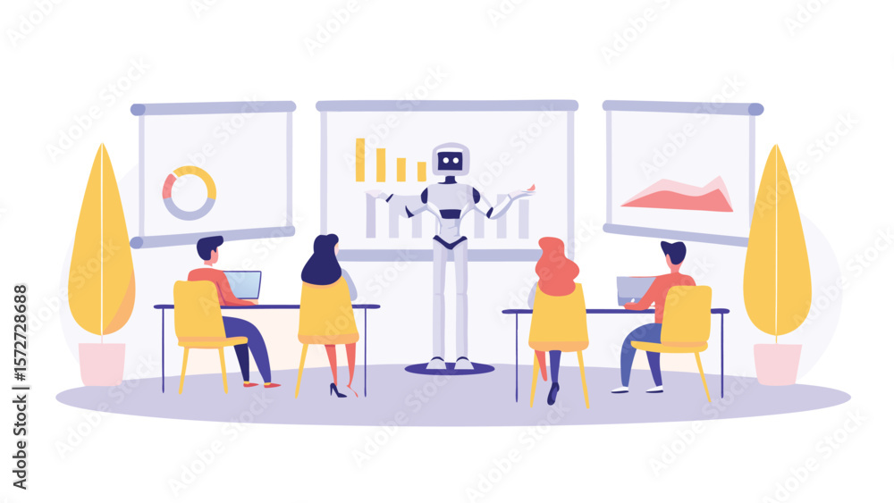 Aufkleber robot presenting a dashboard to a man working on a laptop at a table in a bright office space