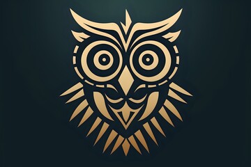 Fototapeta premium Stylized golden owl emblem with geometric tribal pattern on dark background, featuring symmetrical wings and circular eyes. Modern minimalist design for logos.