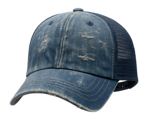 Distressed denim trucker cap with mesh back and adjustable closure