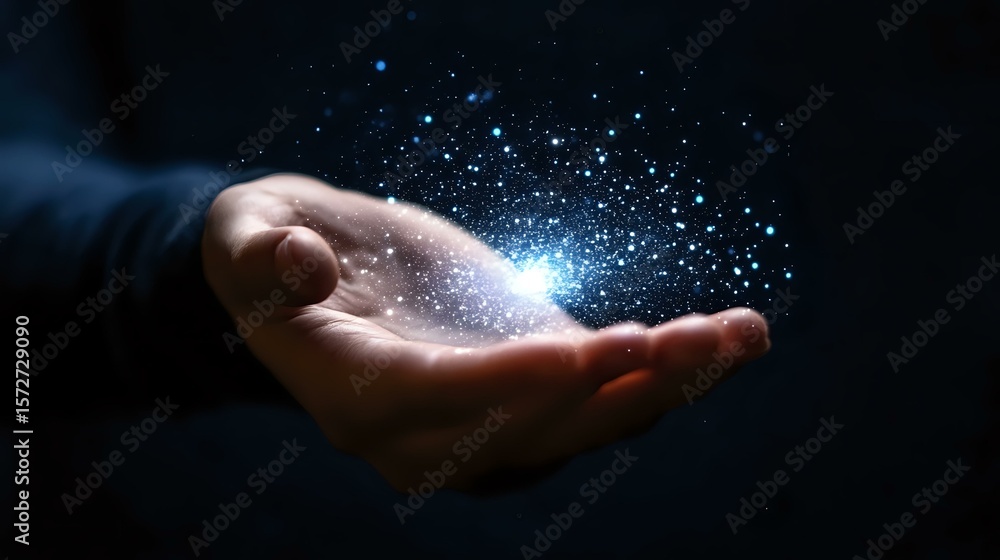 Poster magical glowing particles and sparkles floating above open palm in dark background creating mystical