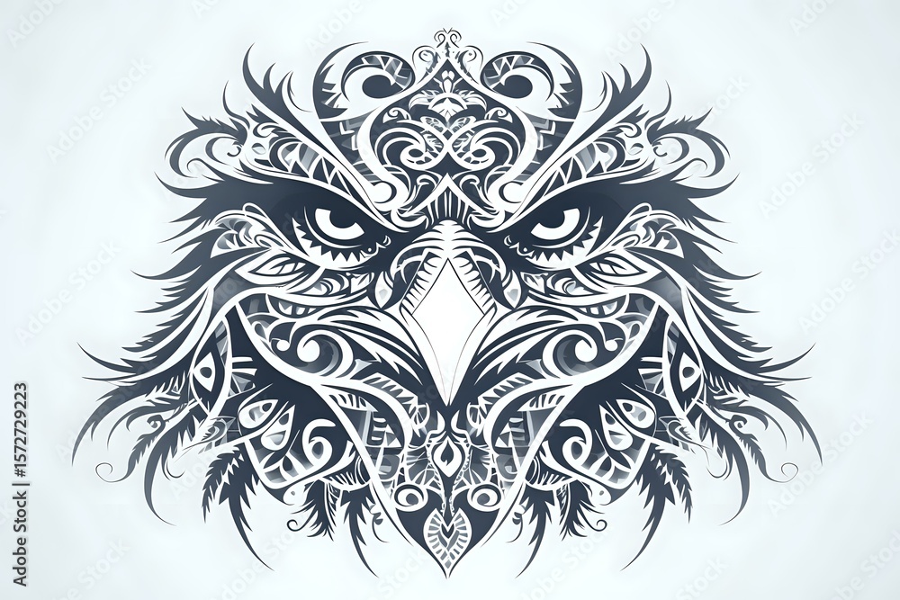 Poster fierce eagle face created with ornate swirling patterns and decorative elements in monochrome style 