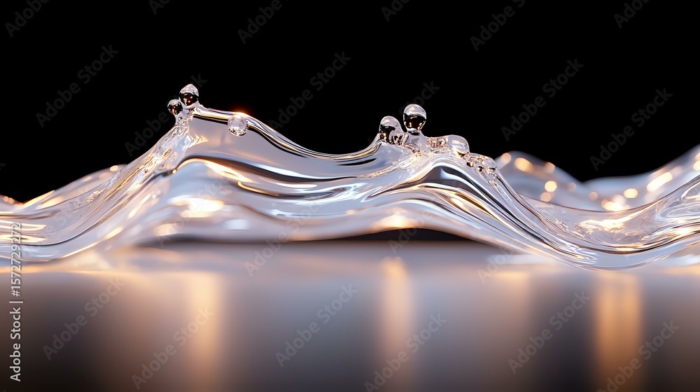 Poster elegant liquid wave formation with water drops and ripples against dark background, illuminated with