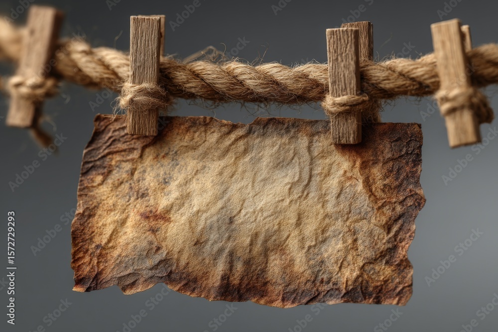 Poster old weathered paper hanging on a rustic rope with wooden clips, showcasing ancient texture and color