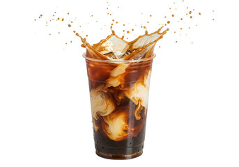 Iced coffee with cream creates a dynamic splash in a clear plastic cup on a transparent background