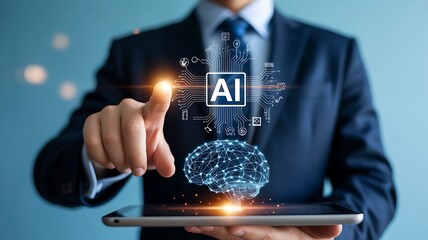 A businessman's hand presses a virtual social network icon on a digital screen, symbolizing global business and future communication