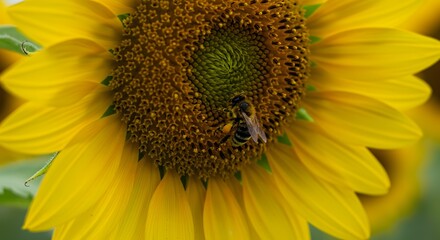 Obraz premium Bee Pollinating a Vibrant Yellow Sunflower