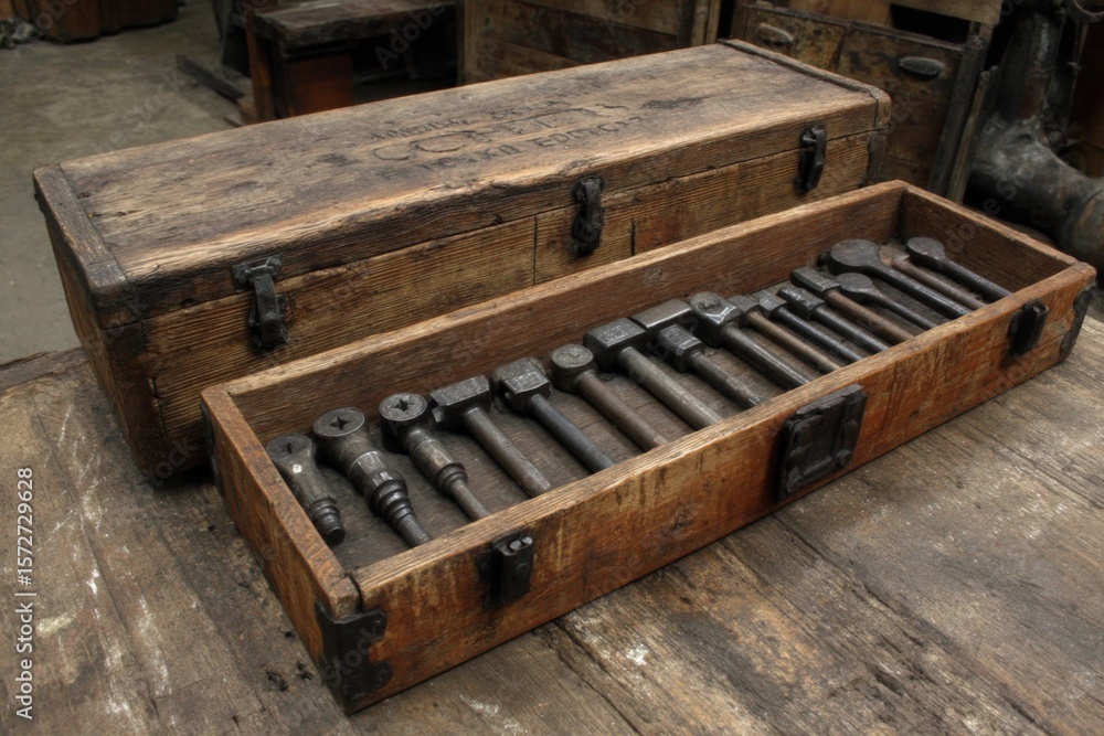 Poster antique wooden tool box containing various hand tools for carpentry and metalworking in a workshop s