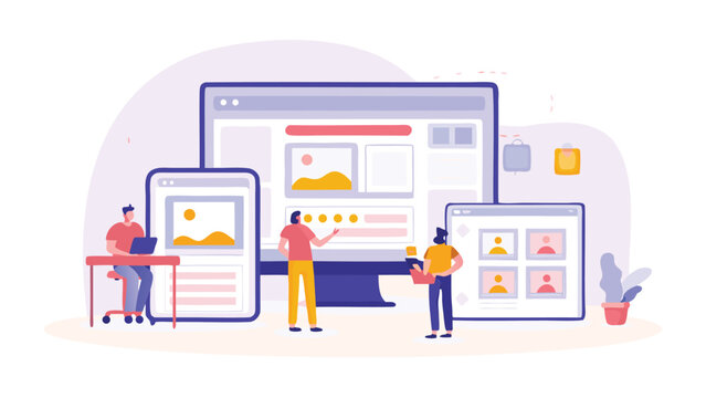 People designing website layouts on multiple devices in a collaborative team environment setting