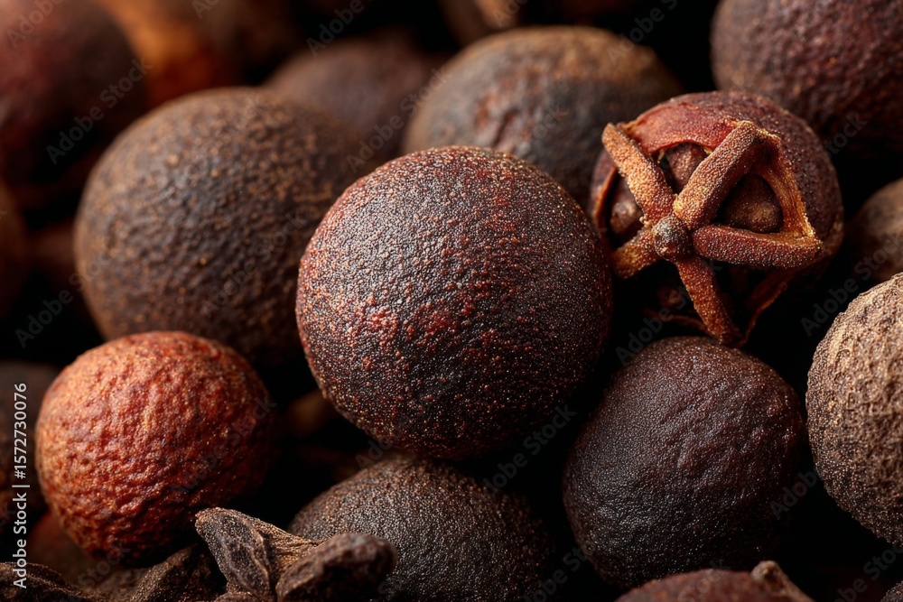 Poster close-up view of whole spices in a rustic setting showcasing rich textures and natural colors