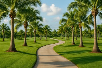 Fototapeta premium Tranquil Golf Pathway Surrounded by Lush Palm Trees Under Blue Sky