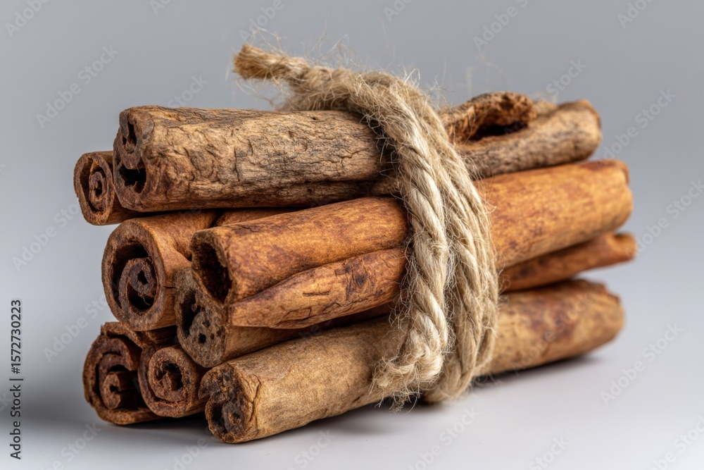Poster cinnamon sticks tied with twine, showcasing their earthy texture and rich color on a neutral backgro