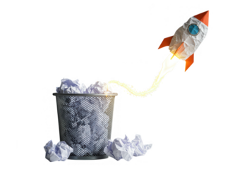 A crumpled paper rocket launches from a trash bin full of discarded ideas, symbolizing innovation isolated on transparent background