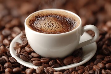Fototapeta premium Freshly brewed coffee in a white cup surrounded by roasted coffee beans on a rustic surface