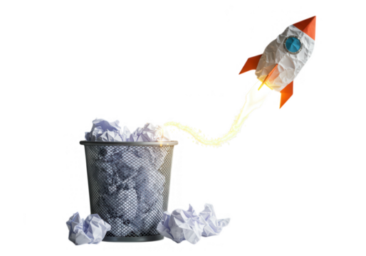 A crumpled paper rocket launches from a trash bin full of discarded ideas, symbolizing innovation isolated on transparent background