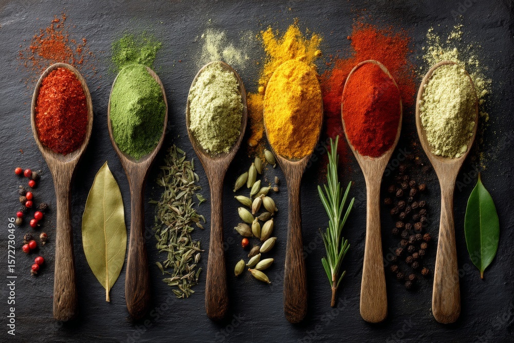 Poster colorful array of spices displayed on wooden spoons arranged on a dark stone surface