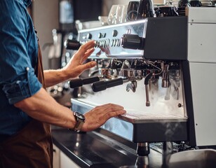 Barista Operating Commercial Espresso Machine