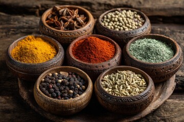 Colorful assortment of spices in decorative bowls on rustic wooden surface