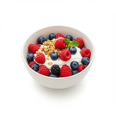 Delicious mixed berries with yogurt and granola isolated on white, high detail 8k.