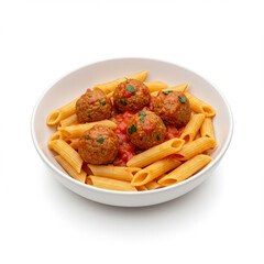 Delicious Pasta with Tomato Sauce and Meatballs on White, 8K High Detail.