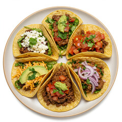 Delicious plate of assorted tacos with fresh toppings isolated on white. 8k.