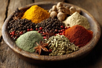 Colorful assortment of spices arranged in a wooden bowl on a rustic table highlighting texture and variety of flavors