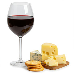 Elegant Still Life: Red Wine, Cheese and Crackers on White, High Detail, 8k.