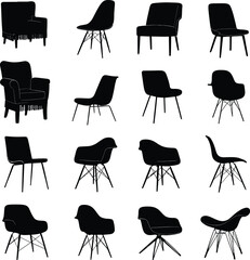 black and white hand-drawn chair silhouette grid — 16 minimalist furniture icons for interior, lifestyle, and design themes