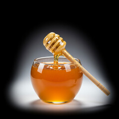 Golden Honey Pot with Dipper on White: High-Detail Food Photography, Isolated.