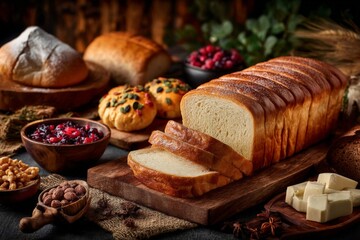 Delicious assortment of freshly baked bread and pastries on a rustic wooden table adorned with fruits and nuts