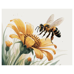 Detailed watercolor illustration of a bee collecting nectar from a yellow flower