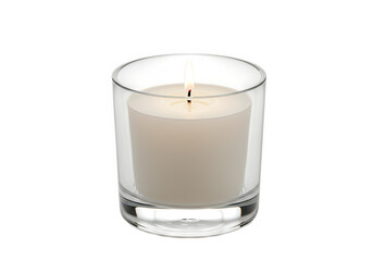 A white candle is burning in a clear glass holder against a transparent background