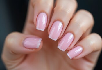 Mano cuidada con uñas de gel rosa pastel, acabado brillante delicado y detalles de cutícula limpios
