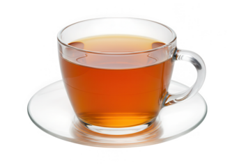 A cup of hot tea is sitting on a saucer against a transparent background