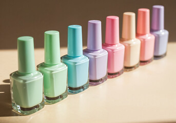 Row of Pastel Nail Polish Bottles in Mint, Blue, and Pink on Light Background with Clean Modern Composition