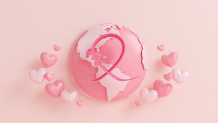 National breast cancer awareness campaign banner background with pink ribbon. Pink October. Breast cancer awareness month every year in October. Support, help, health, disease, hope. 3d rendering