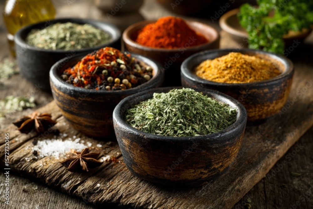 Poster colorful array of spices displayed in wooden bowls on a rustic table