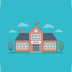 Cartoon school building with clock and trees under blue sky