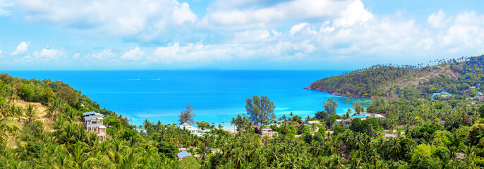 Tropical island sea beach aerial panoramic top view, Koh Phangan landscape panorama from above, green mountain, turquoise ocean, palm trees, Thailand, Southeast Asia, summer holidays, vacation, travel