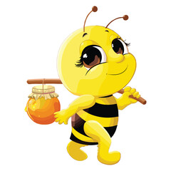 Cute cartoon bee carrying a jar of honey on a stick