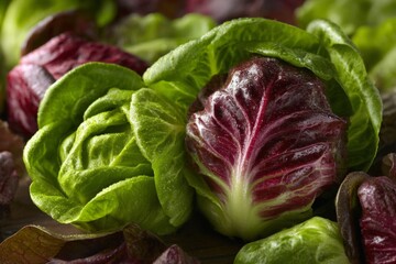 Fresh lettuce assortment featuring green and red varieties on a wooden surface