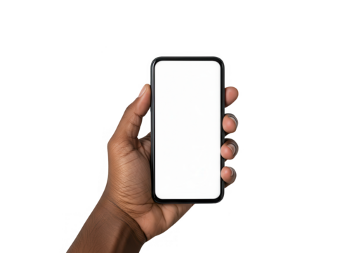 A darkskinned hand holds a smartphone with a blank white screen, isolated on transparent background