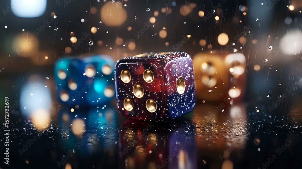 Poster glowing gaming dice with sparkles and bokeh lights on dark reflective surface creates magical atmosp
