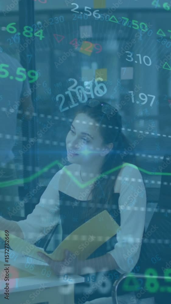 Poster animation of financial data processing over diverse colleagues discussing work in office