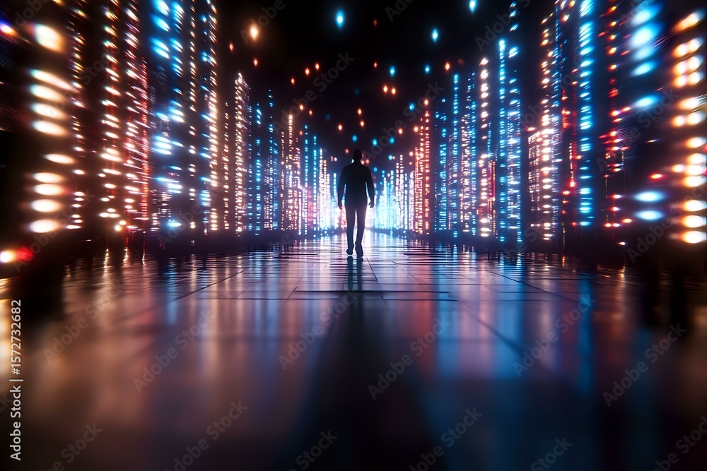 Poster silhouette of person walking through futuristic corridor with glowing vertical light strips creating