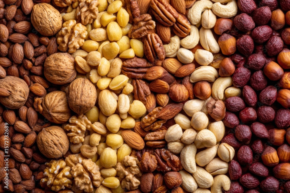 Poster various types of nuts and seeds displayed in an organized pattern on a wooden surface highlighting t