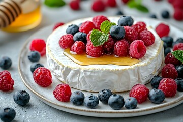 Baked brie cheese topped with honey, fresh raspberries, blueberries and mint leaves on gray plate. Close up view of gourmet appetizer with melted camembert.