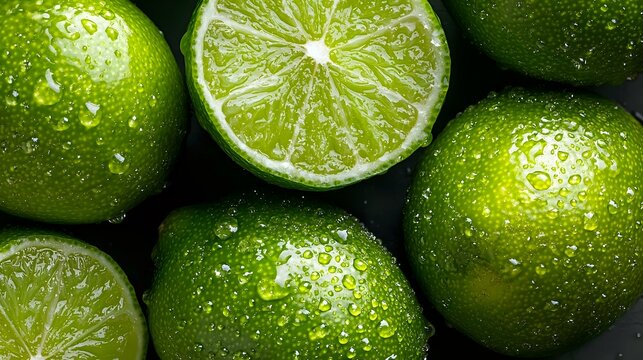 Fresh green limes with water drops on dark background, close up view of citrus fruits. Juicy whole and cut lime showing fresh pulp texture.