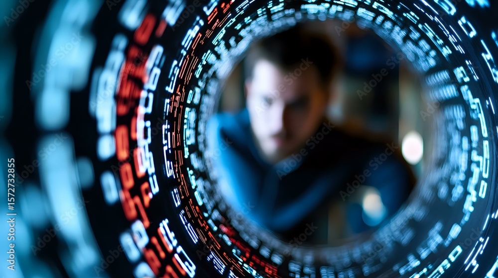 Poster futuristic circular interface with digital data and code elements in blue and red tones creating tec