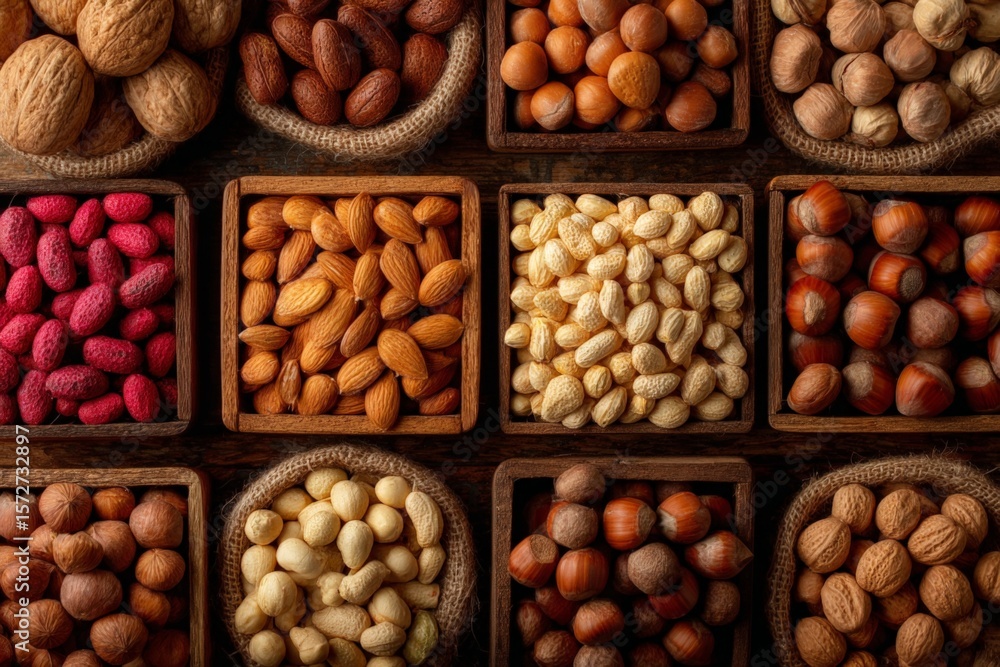 Poster assorted nuts in wooden containers arranged on a rustic wooden surface in a market setting during da