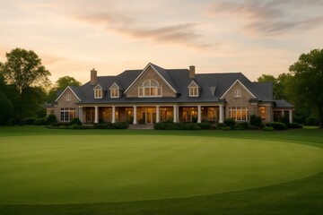 Elegant clubhouse with serene distant view at sunset